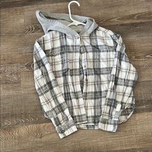 Kids Checkered Button-Down Shirt with Hood - Gray and White